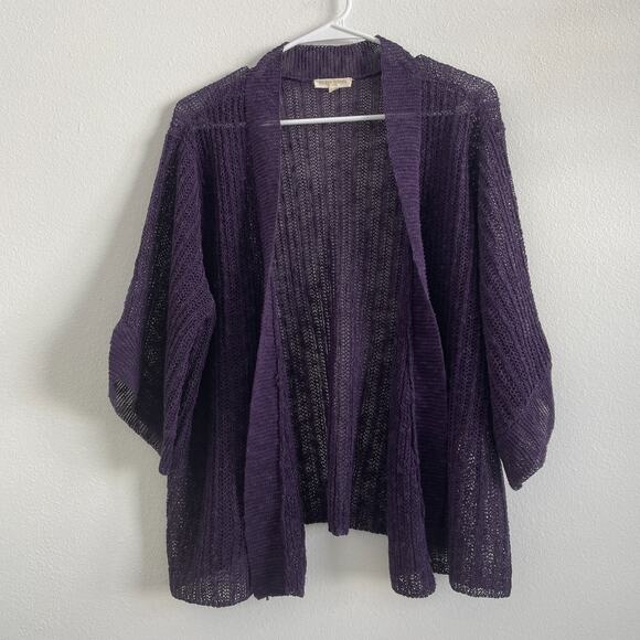 Eileen Fisher Sweaters - Eileen Fisher Cardigan Womens 1X Purple Fishnet Linen Blend Open Front Casual